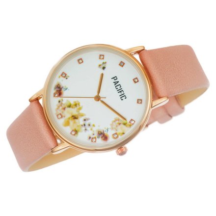 Różowozłoty damski zegarek z kwiatami i kryształkami na pasku PACIFIC X6182-11