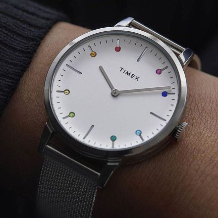 Srebrny zegarek Timex Midtown z kolorowymi cyrkoniami TW2V36900