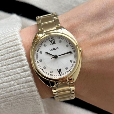 Złoty zegarek damski Lorus z bransoletą i kryształami na tarczy RG202SX9