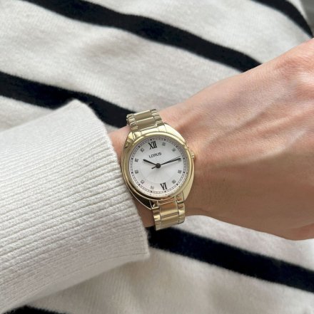 Złoty zegarek damski Lorus z bransoletą i kryształami na tarczy RG202SX9