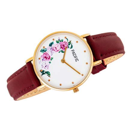 Różowozłoty damski zegarek z kwiatami na pasku PACIFIC X6138-13