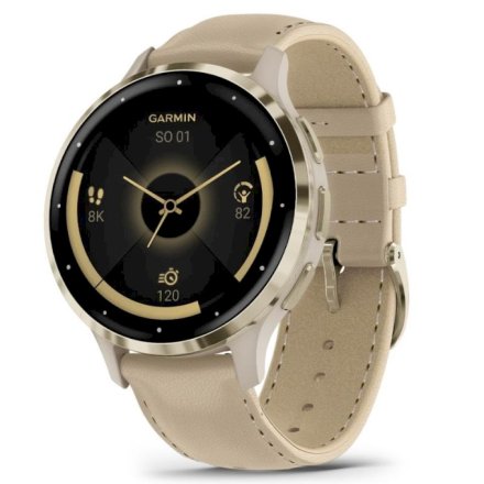 Zegarek Garmin Venu 3S beżowo-złoty ze skórzanym paskiem 010-02785-55