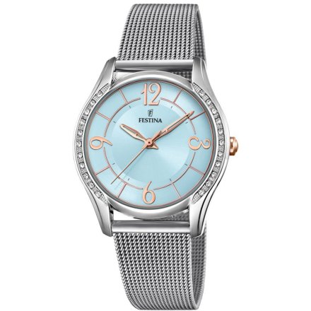 Srebrny zegarek damski Festina z tarczą tiffany blue F20420/3 z kryształkami