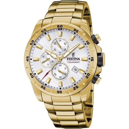 Złoty zegarek Męski Festina ze stoperem i srebrna tarcza 20541/1 Sport Chronograph 