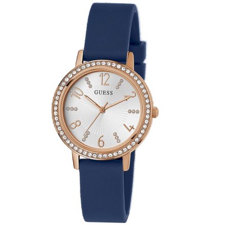 Różowozłoty zegarek Guess Tri Luxe z granatowym paskiem GW0591L1