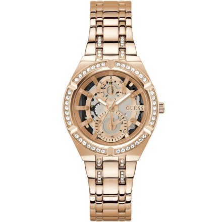 Różowozłoty zegarek damski Guess Allara z kryształkami GW0604L3
