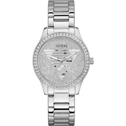 Srebrny zegarek damski Guess Unity z bransoletką kryształkami brokatem GW0605L1