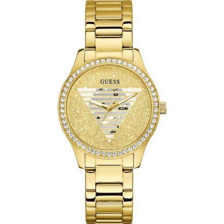 Złoty zegarek damski Guess Unity z bransoletką kryształkami brokatem GW0605L2