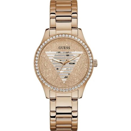 Różowozłoty zegarek damski Guess Unity z bransoletką kryształkami brokatem GW0605L3