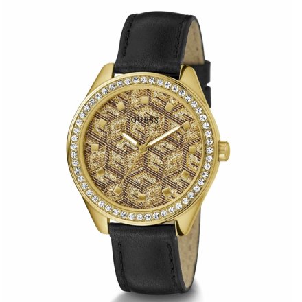 Złoty zegarek damski Guess G Gloss z czarnym paskiem GW0608L2