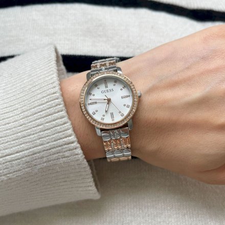 Różowo-srebrny delikatny zegarek Guess Hayley z bransoletą GW0612L3