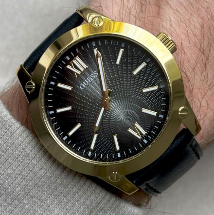 Złoty zegarek męski Guess Crescent czarnym paskiem GW0628G2