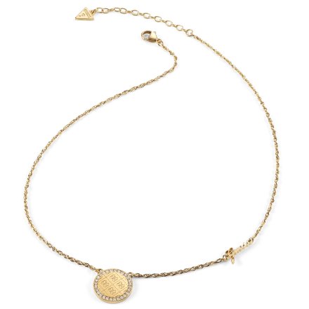 Złoty naszyjnik Guess ROUND HARMONY moneta z logo kryształami JUBN01155JW