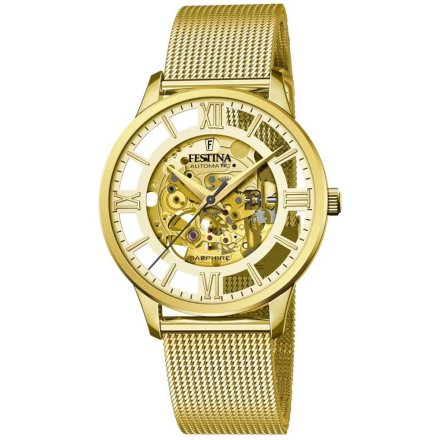 Złoty zegarek męski Festina Automatic Skeleton z bransoletą mesh 20667-1