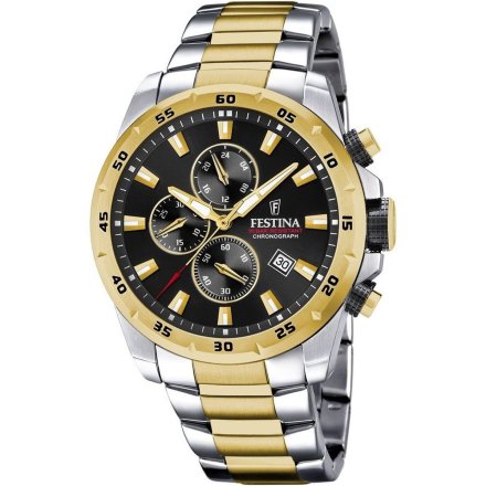 Złoto-srebrny zegarek Męski Festina ze stoperem i czarna tarcza  F20562/4 CHRONO SPORT 