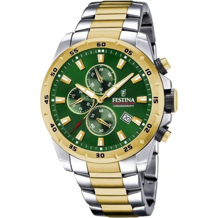 Złoto-srebrny zegarek Męski Festina ze stoperem i zielona tarcza  F20562/3 CHRONO SPORT 