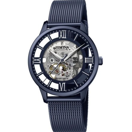  Niebieski zegarek Męski Festina  F20574/1  Automatic Skeleton na bransolecie mesh