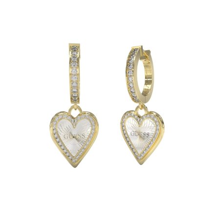 Złoto-srebrne kolczyki Guess wiszące serca LOVE ME TENDER JUBE03239JWYGRH