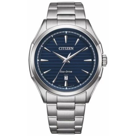 Klasyczny srebrny zegarek męski Citizen Eco Drive z granatową tarczą AW1750-85L