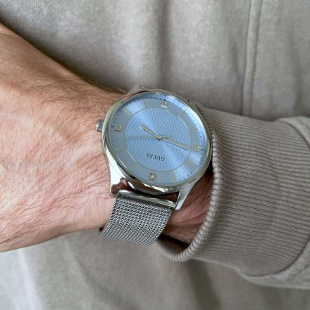Srebrny zegarek męski Guess Riley z błękitną tarczą GW0069G1