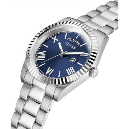 Srebrny zegarek Guess Connoisseur z bransoletką i datownikiem GW0265G7