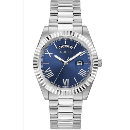 Srebrny zegarek Guess Connoisseur z bransoletką i datownikiem GW0265G7