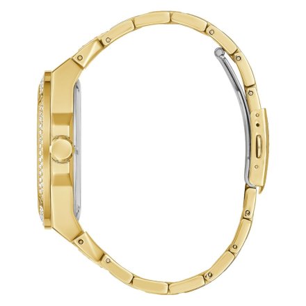 Złoty zegarek Guess Big Reveal z widocznym mechanizmem i bransoletką GW0323G2