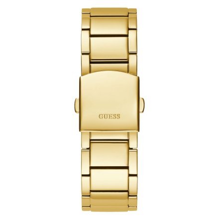 Złoty zegarek Guess Big Reveal z widocznym mechanizmem i bransoletką GW0323G2