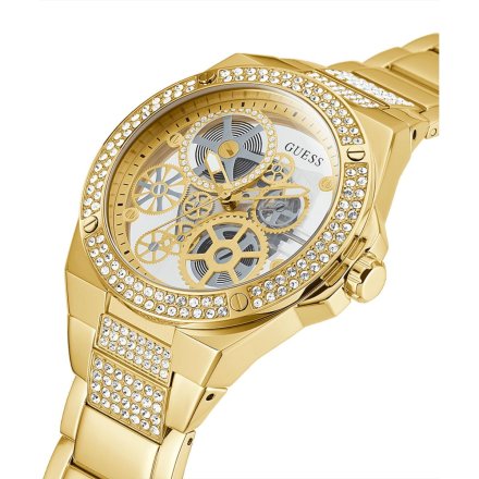 Złoty zegarek Guess Big Reveal z widocznym mechanizmem i bransoletką GW0323G2