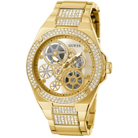 Złoty zegarek Guess Big Reveal z widocznym mechanizmem i bransoletką GW0323G2
