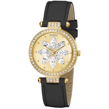 Złoty zegarek Guess Full Bloom z kamieniami na tarczy GW0382L2