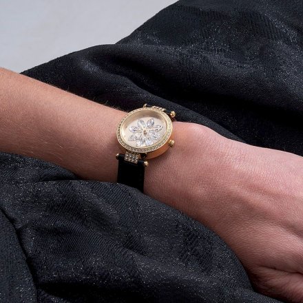 Złoty zegarek Guess Full Bloom z kamieniami na tarczy GW0382L2