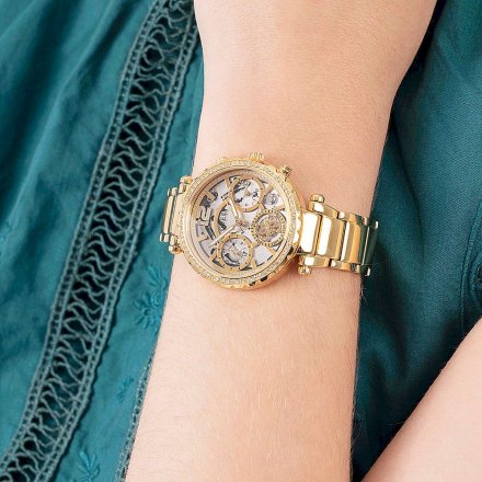 Złoty zegarek damski Guess Solstice z kryształkami GW0403L2