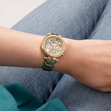 Złoty zegarek damski Guess Solstice z kryształkami GW0403L2