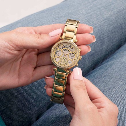 Złoty zegarek damski Guess Solstice z kryształkami GW0403L2