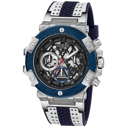 Srebrno-granatowy zegarek męski Guess Carbon z paskiem GW0486G1