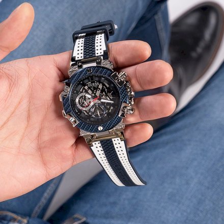 Srebrno-granatowy zegarek męski Guess Carbon z paskiem GW0486G1