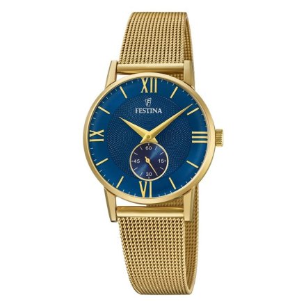 Złoty Zegarek Damski Festina 20573/3  z bransoleta mesh i niebieską  tarcza RETRO
