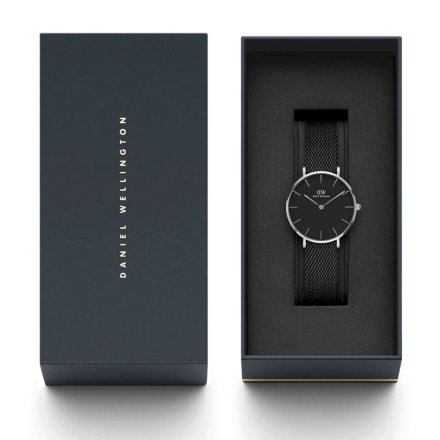 Zegarek Daniel Wellington Petite 36 Ashfield srebrny z czarną bransoletką DW00100308