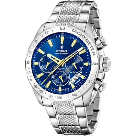 Srebrny zegarek Męski Festina 20668/2 Timeless Chronograph z niebieską tarczą
