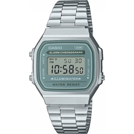 Srebrny zegarek Casio Vintage z zieloną ramką A168WA-3AYES w stylu Retro