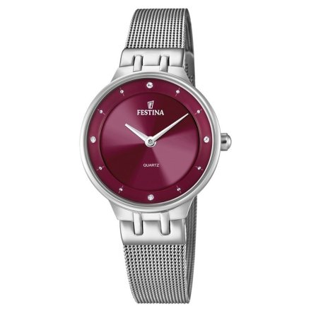 Srebrny zegarek damski Festina Mademoiselle F20597/2 rubinowa tarcza