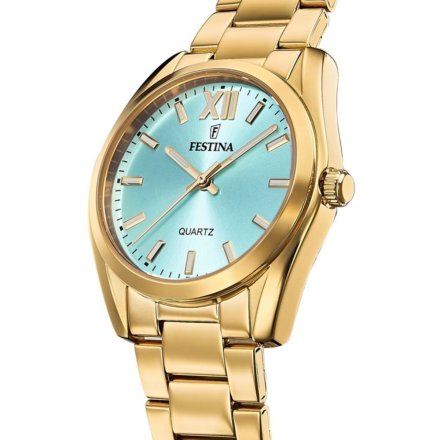 Złoty zegarek damski Festina Boyfriend z błękitną tarczą Tiffany Blue 20640/2
