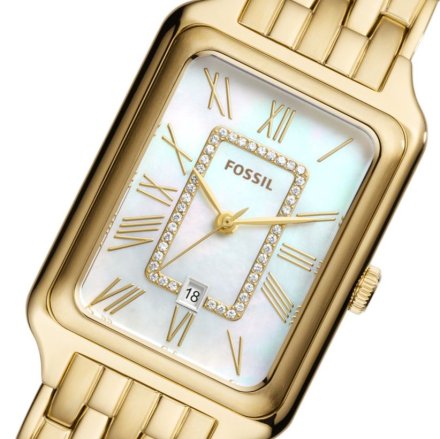 Złoty prostokątny zegarek damski Fossil Raquel perłowa tarcza ES5304