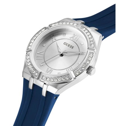Srebrny zegarek damski Guess Cosmo z granatowym paskiem z kryształami GW0034L5