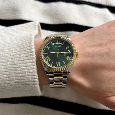 Srebrno-złoty zegarek damski Guess Luna z zieloną tarczą GW0308L5 