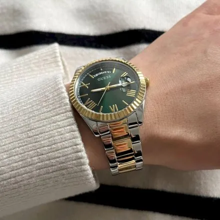Srebrno-złoty zegarek damski Guess Luna z zieloną tarczą GW0308L5 