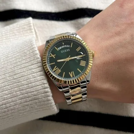 Srebrno-złoty zegarek damski Guess Luna z zieloną tarczą GW0308L5 
