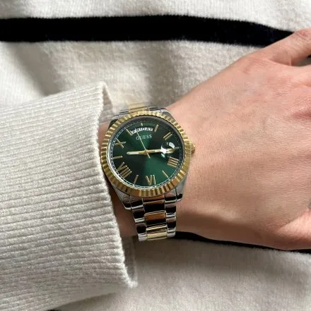 Srebrno-złoty zegarek damski Guess Luna z zieloną tarczą GW0308L5 