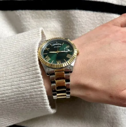 Srebrno-złoty zegarek damski Guess Luna z zieloną tarczą GW0308L5 